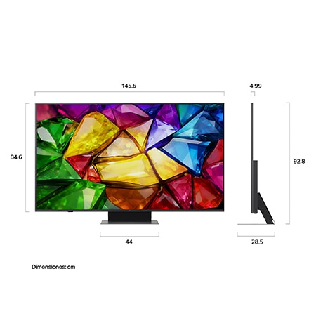 LG Mini RGB evo AI MRGB85 shown in front and side views highlights a 75-inch display with a 1677 mm-wide screen, a 966 mm screen height, a 1032 mm height with stand, a 51.6 mm depth, and a stand footprint measuring 1499 by 359 mm.